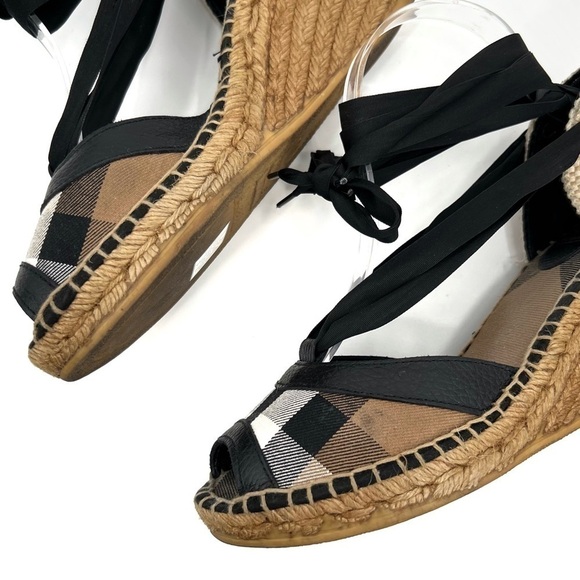 Burberry Espadrille Black Tan Brown Check Logo Tartan Plaid Print Wedge size 40 - Picture 12 of 16